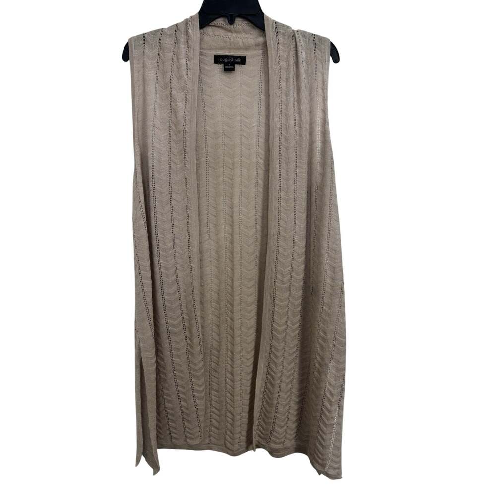 Beige Ramie Blend Knit Sleeveless Long Line Vest Cardigan Medium Boho Cover Up
